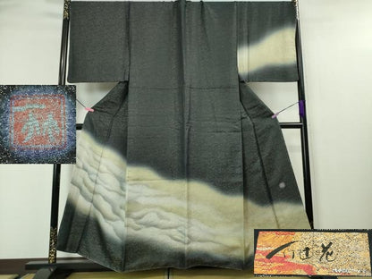 平和屋本店■希少　男性　二代目 久保田一竹 幻の辻が花　 訪問着　霞文　暈し染め　黒地　金通し地　反端付き　逸品　未使用　DZAA4429kh5