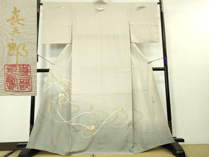 平和屋本店■極上　人間国宝　福田喜三郎　色留袖　刺繍　結び紐　暈し染め　亜麻色地　金糸　大丸扱い　逸品　未使用　DZAA4433kh5