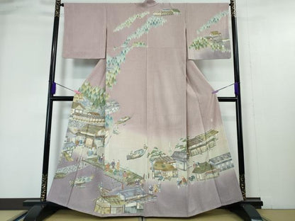 平和屋本店●極上　中国三大刺繍　スワトウ刺繍　汕頭刺繍　訪問着　渡橋人物風景　暈し染め　紅藤色地　金糸　逸品　DZAA4435kh5