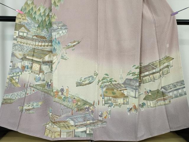 平和屋本店●極上　中国三大刺繍　スワトウ刺繍　汕頭刺繍　訪問着　渡橋人物風景　暈し染め　紅藤色地　金糸　逸品　DZAA4435kh5