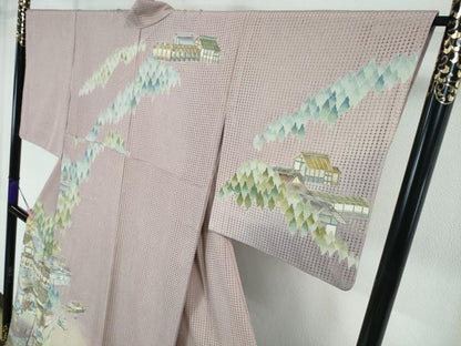 平和屋本店●極上　中国三大刺繍　スワトウ刺繍　汕頭刺繍　訪問着　渡橋人物風景　暈し染め　紅藤色地　金糸　逸品　DZAA4435kh5