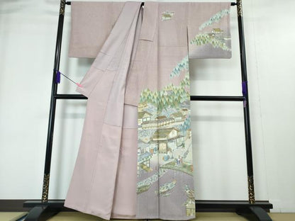 平和屋本店●極上　中国三大刺繍　スワトウ刺繍　汕頭刺繍　訪問着　渡橋人物風景　暈し染め　紅藤色地　金糸　逸品　DZAA4435kh5