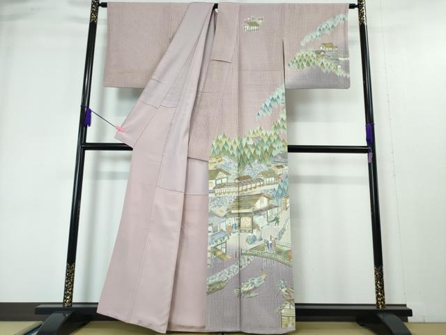 平和屋本店●極上　中国三大刺繍　スワトウ刺繍　汕頭刺繍　訪問着　渡橋人物風景　暈し染め　紅藤色地　金糸　逸品　DZAA4435kh5
