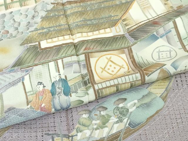 平和屋本店●極上　中国三大刺繍　スワトウ刺繍　汕頭刺繍　訪問着　渡橋人物風景　暈し染め　紅藤色地　金糸　逸品　DZAA4435kh5