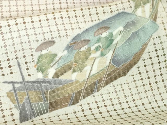 平和屋本店●極上　中国三大刺繍　スワトウ刺繍　汕頭刺繍　訪問着　渡橋人物風景　暈し染め　紅藤色地　金糸　逸品　DZAA4435kh5