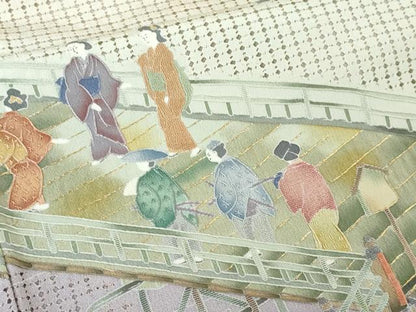 平和屋本店●極上　中国三大刺繍　スワトウ刺繍　汕頭刺繍　訪問着　渡橋人物風景　暈し染め　紅藤色地　金糸　逸品　DZAA4435kh5