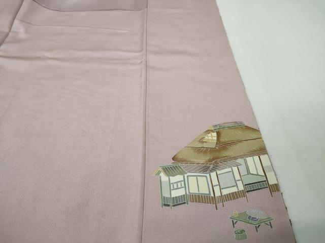 平和屋本店●極上　中国三大刺繍　スワトウ刺繍　汕頭刺繍　訪問着　渡橋人物風景　暈し染め　紅藤色地　金糸　逸品　DZAA4435kh5