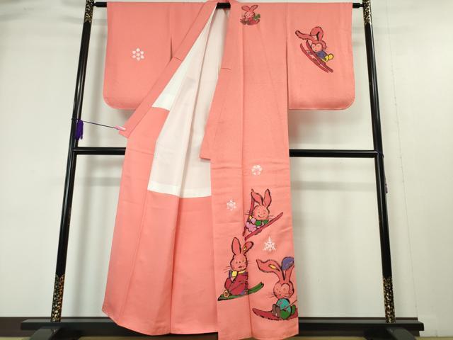 平和屋本店●極上 訪問着 作家物 松下喜暁 手描き 兎 うさぎ スキー 真朱色地 逸品 未使用 DZAA4441kh5
