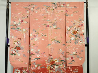 平和屋本店■極上　創業460年・千總　振袖　駒刺繍　飛鶴吉祥花文　甚三紅色地　暈し染め　金彩　逸品　DZAA4479kh5