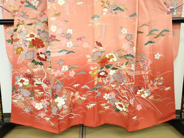 平和屋本店■極上　創業460年・千總　振袖　駒刺繍　飛鶴吉祥花文　甚三紅色地　暈し染め　金彩　逸品　DZAA4479kh5