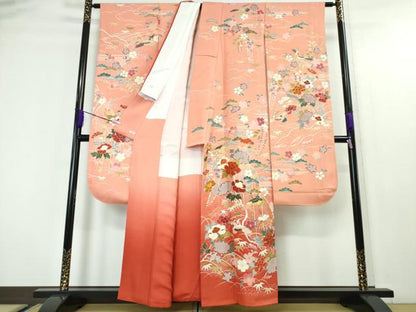 平和屋本店■極上　創業460年・千總　振袖　駒刺繍　飛鶴吉祥花文　甚三紅色地　暈し染め　金彩　逸品　DZAA4479kh5