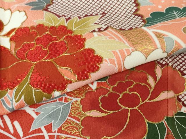 平和屋本店■極上　創業460年・千總　振袖　駒刺繍　飛鶴吉祥花文　甚三紅色地　暈し染め　金彩　逸品　DZAA4479kh5