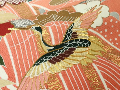 平和屋本店■極上　創業460年・千總　振袖　駒刺繍　飛鶴吉祥花文　甚三紅色地　暈し染め　金彩　逸品　DZAA4479kh5
