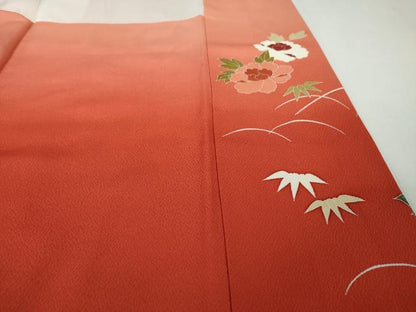平和屋本店■極上　創業460年・千總　振袖　駒刺繍　飛鶴吉祥花文　甚三紅色地　暈し染め　金彩　逸品　DZAA4479kh5