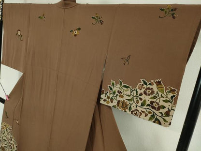 平和屋本店●希少　友禅染色家　品川恭子　訪問着　花唐草文　茶褐色色地　逸品　DZAA4506kh5