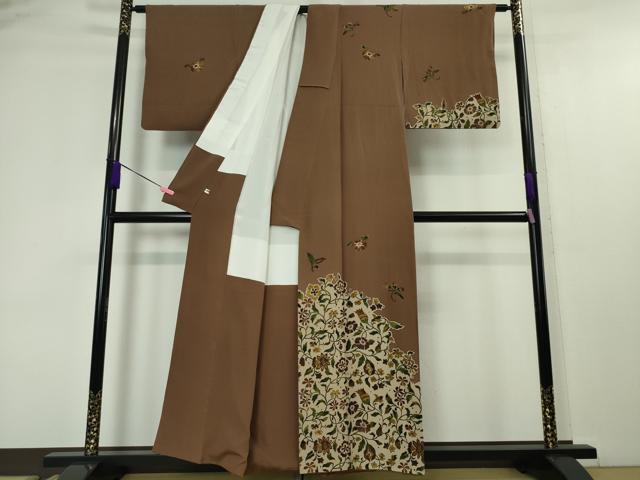 平和屋本店●希少　友禅染色家　品川恭子　訪問着　花唐草文　茶褐色色地　逸品　DZAA4506kh5