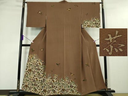 平和屋本店●希少　友禅染色家　品川恭子　訪問着　花唐草文　茶褐色色地　逸品　DZAA4506kh5