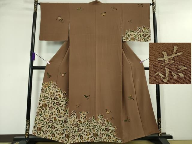 平和屋本店●希少　友禅染色家　品川恭子　訪問着　花唐草文　茶褐色色地　逸品　DZAA4506kh5