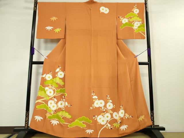 平和屋本店■極上　銀座　志ま亀　訪問着　松竹梅　黄赤色地　縮緬地　金彩　逸品　DZAA4517kh5