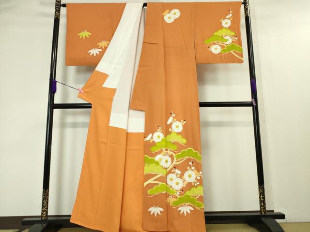 平和屋本店■極上　銀座　志ま亀　訪問着　松竹梅　黄赤色地　縮緬地　金彩　逸品　DZAA4517kh5