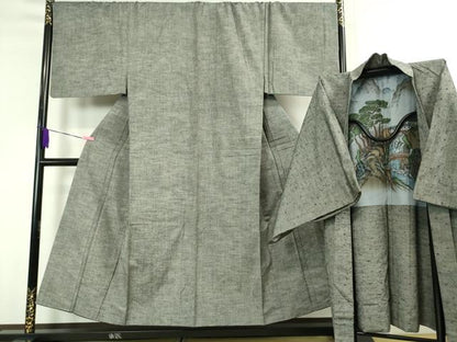 平和屋本店■極上　男性　紬　アンサンブル　長羽織(ひげ紬)セット　キングサイズ　灰色　逸品　DZAA4522kh5