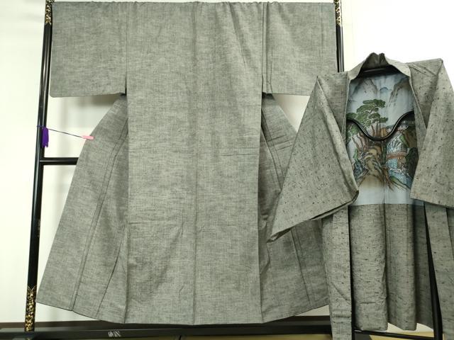 平和屋本店■極上　男性　紬　アンサンブル　長羽織(ひげ紬)セット　キングサイズ　灰色　逸品　DZAA4522kh5
