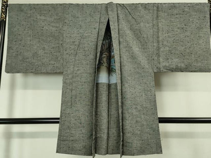 平和屋本店■極上　男性　紬　アンサンブル　長羽織(ひげ紬)セット　キングサイズ　灰色　逸品　DZAA4522kh5