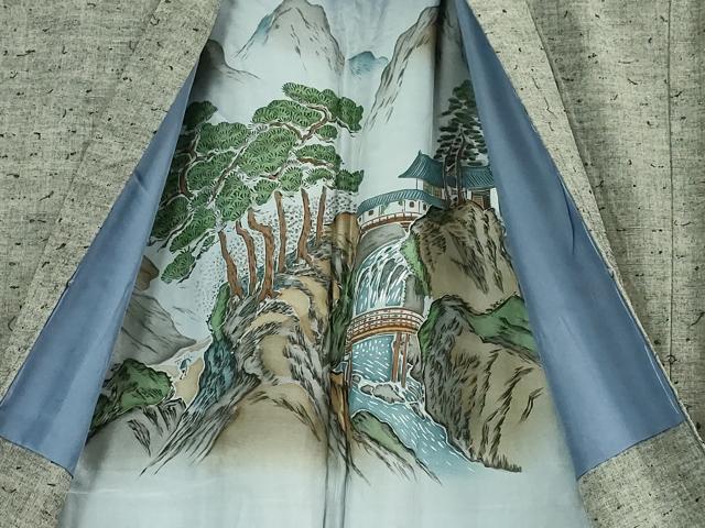 平和屋本店■極上　男性　紬　アンサンブル　長羽織(ひげ紬)セット　キングサイズ　灰色　逸品　DZAA4522kh5