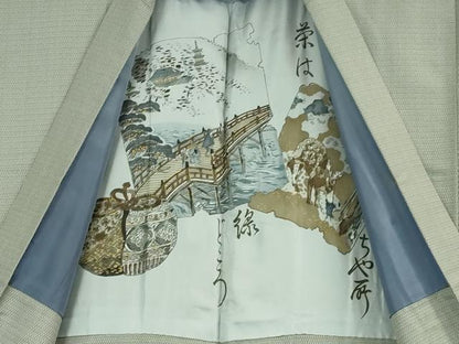 平和屋本店■極上　男性　お召　アンサンブル　100亀甲　総詰め　羽裏・東海道五十三次　反端付き　逸品　DZAA4525kh5
