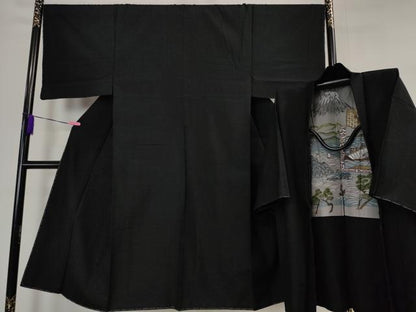 平和屋本店■極上　男性　結城紬　アンサンブル　黒地　さが美扱い　逸品　未使用　DZAA4530kh5