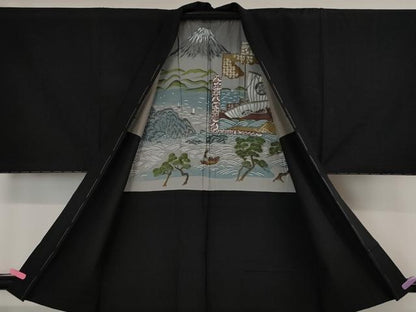 平和屋本店■極上　男性　結城紬　アンサンブル　黒地　さが美扱い　逸品　未使用　DZAA4530kh5