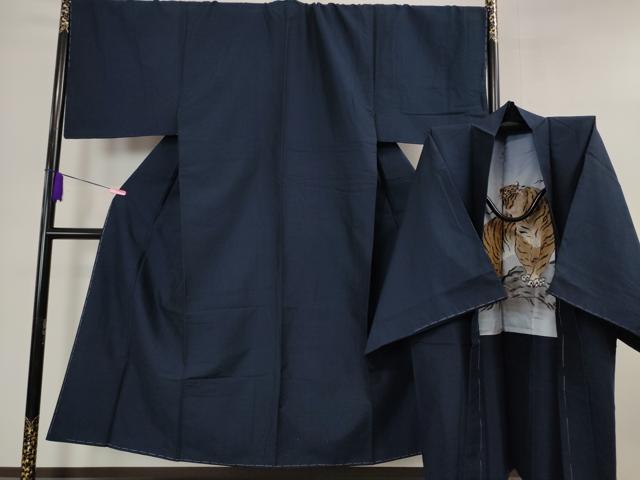 平和屋本店●極上 男性 紬 アンサンブル 色無地 紺青色 羽裏・虎 逸品 未使用 DZAA4535kh5