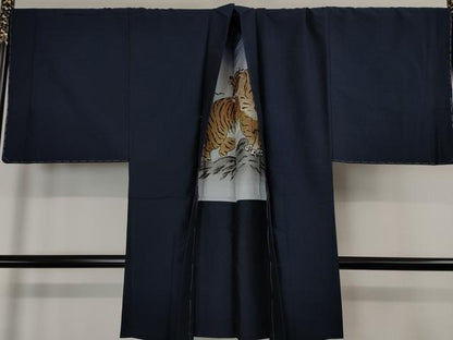 平和屋本店●極上 男性 紬 アンサンブル 色無地 紺青色 羽裏・虎 逸品 未使用 DZAA4535kh5