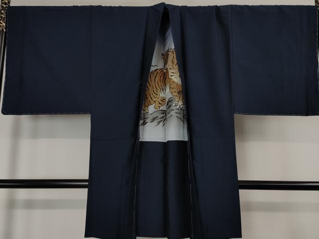 平和屋本店●極上 男性 紬 アンサンブル 色無地 紺青色 羽裏・虎 逸品 未使用 DZAA4535kh5