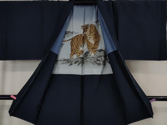 平和屋本店●極上 男性 紬 アンサンブル 色無地 紺青色 羽裏・虎 逸品 未使用 DZAA4535kh5
