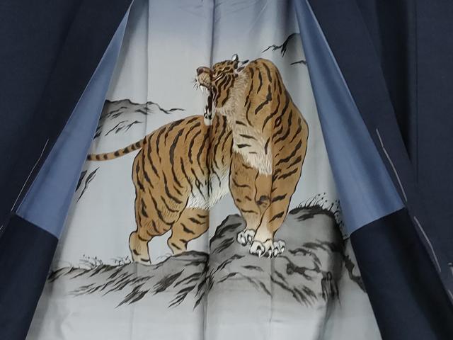 平和屋本店●極上 男性 紬 アンサンブル 色無地 紺青色 羽裏・虎 逸品 未使用 DZAA4535kh5
