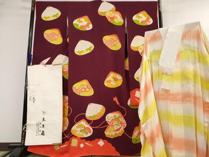 平和屋本店■極上　銀座　志ま亀　振袖・長襦袢(無双仕立て)セット　貝合わせ　貝桶　葡萄色地　金彩　たとう紙付き　逸品　DZAA4537kh5