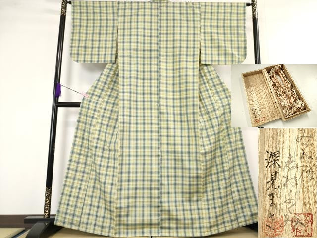 平和屋本店■希少　人間国宝　志村ふくみ　紬　格子　帯締め・飾り紐(共箱)付き　逸品　DZAA4540kh5