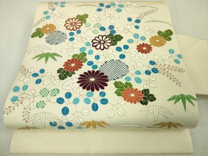 平和屋本店■極上　工芸キモノ野口　塩瀬　九寸名古屋帯　笹菊萩文　鳥の子色地　金彩　逸品　未使用　DZAA4558kh5