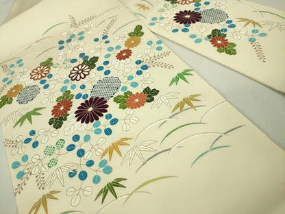 平和屋本店■極上　工芸キモノ野口　塩瀬　九寸名古屋帯　笹菊萩文　鳥の子色地　金彩　逸品　未使用　DZAA4558kh5
