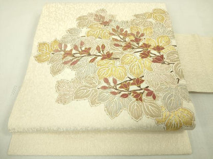 平和屋本店■極上　江戸友禅　小倉貞右　九寸名古屋帯　駒刺繍　枝葉蕾文　象牙色地　金彩　逸品　未使用　DZAA4564kh5