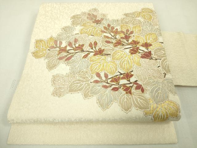 平和屋本店■極上　江戸友禅　小倉貞右　九寸名古屋帯　駒刺繍　枝葉蕾文　象牙色地　金彩　逸品　未使用　DZAA4564kh5