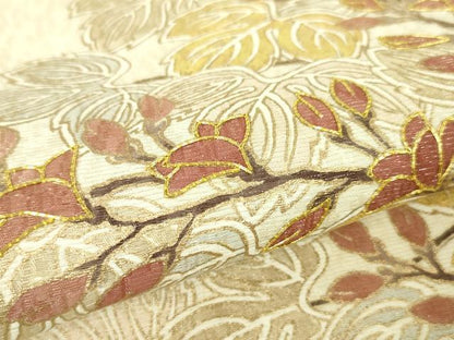 平和屋本店■極上　江戸友禅　小倉貞右　九寸名古屋帯　駒刺繍　枝葉蕾文　象牙色地　金彩　逸品　未使用　DZAA4564kh5