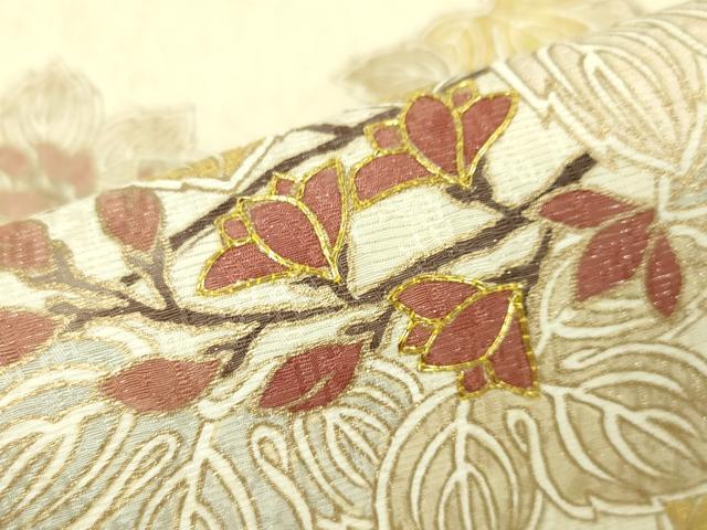 平和屋本店■極上　江戸友禅　小倉貞右　九寸名古屋帯　駒刺繍　枝葉蕾文　象牙色地　金彩　逸品　未使用　DZAA4564kh5