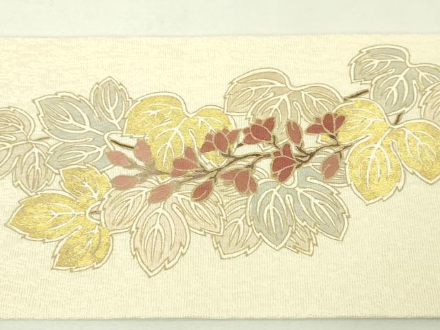 平和屋本店■極上　江戸友禅　小倉貞右　九寸名古屋帯　駒刺繍　枝葉蕾文　象牙色地　金彩　逸品　未使用　DZAA4564kh5