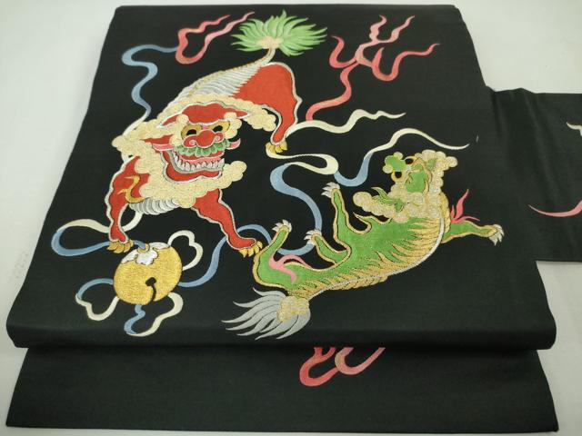 平和屋本店■極上　アンティーク　大正ロマン　九寸名古屋帯　総刺繍　唐獅子　黒地　金銀糸　逸品　DZAA4578kh5