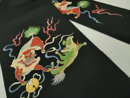平和屋本店■極上　アンティーク　大正ロマン　九寸名古屋帯　総刺繍　唐獅子　黒地　金銀糸　逸品　DZAA4578kh5