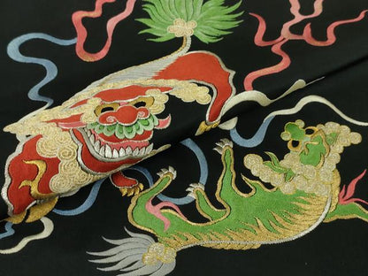 平和屋本店■極上　アンティーク　大正ロマン　九寸名古屋帯　総刺繍　唐獅子　黒地　金銀糸　逸品　DZAA4578kh5