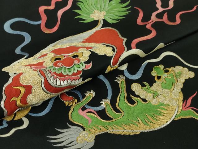 平和屋本店■極上　アンティーク　大正ロマン　九寸名古屋帯　総刺繍　唐獅子　黒地　金銀糸　逸品　DZAA4578kh5
