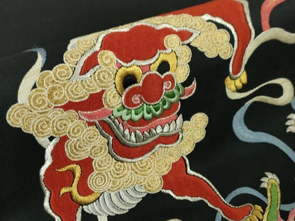 平和屋本店■極上　アンティーク　大正ロマン　九寸名古屋帯　総刺繍　唐獅子　黒地　金銀糸　逸品　DZAA4578kh5